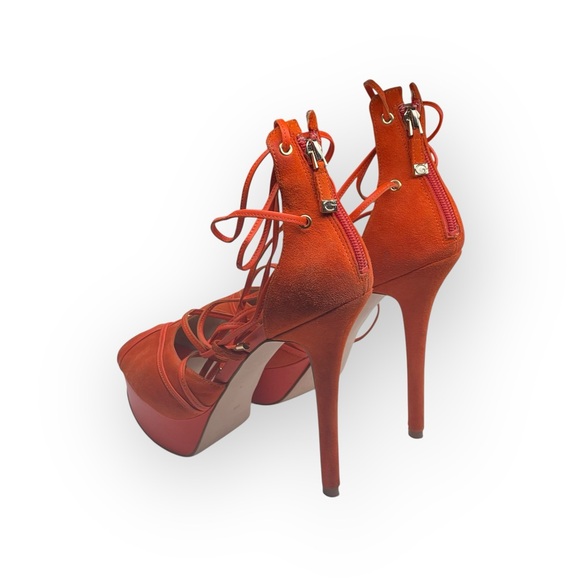 Guess ᯾ Raja Ankle Wrap Platform Stiletto Peep Toe Heels ᯾ Orange Suede ᯾ 8M - Picture 6 of 16